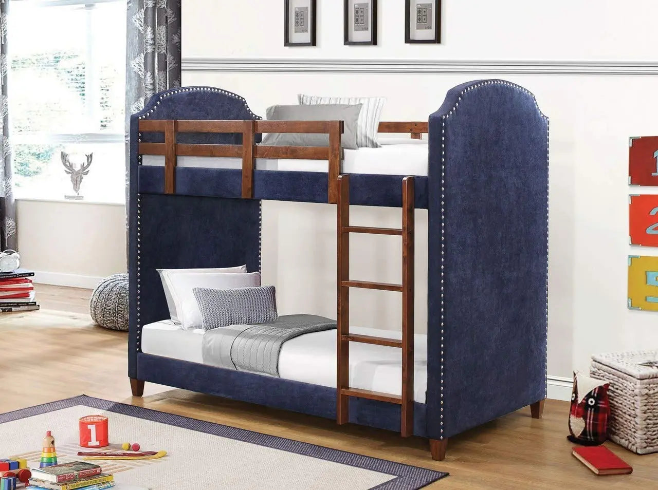 Upholstered Twin Size Charlene Navy Blue Bunk Bed for Bedroom