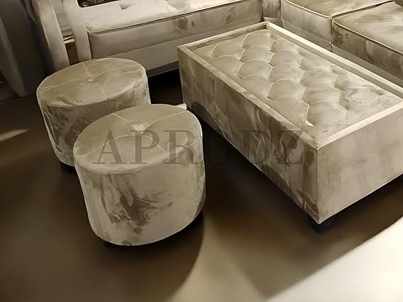 Modern L-Shaped Sectional Sofa Set, 6 Seater with Coffee Table and 2 Ottoman Stools, Tufted Velvet, Beige 