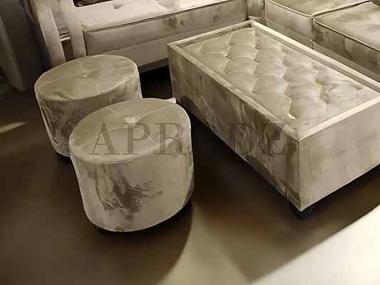 Modern L-Shaped Sectional Sofa Set, 6 Seater with Coffee Table and 2 Ottoman Stools, Tufted Velvet, Beige 