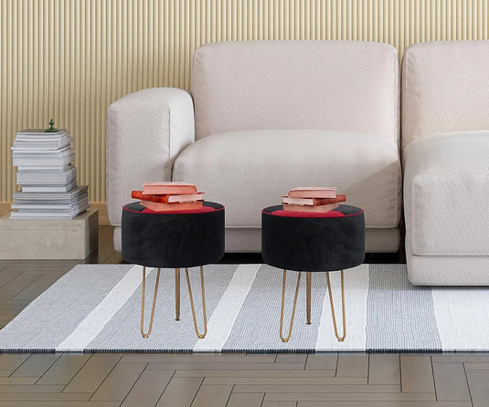 Translation missing: en.Upholstered and Steel Frame Puffy Stool Grass Green Fabric + Black Powdercoated - Set of 2 
