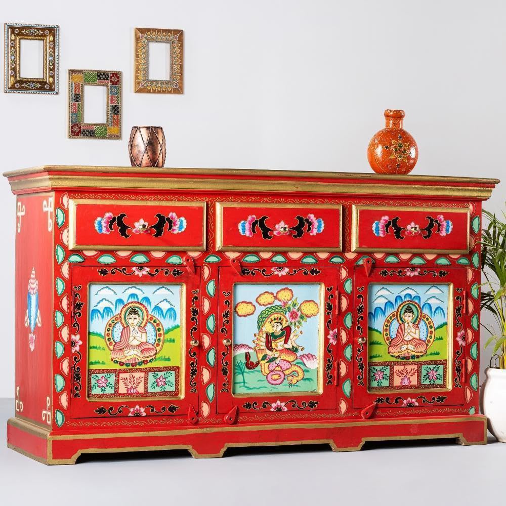 APRODZ Wooden Handpainted Multipurpose Sideboard Storage Cabinet for Home (Multicolor)