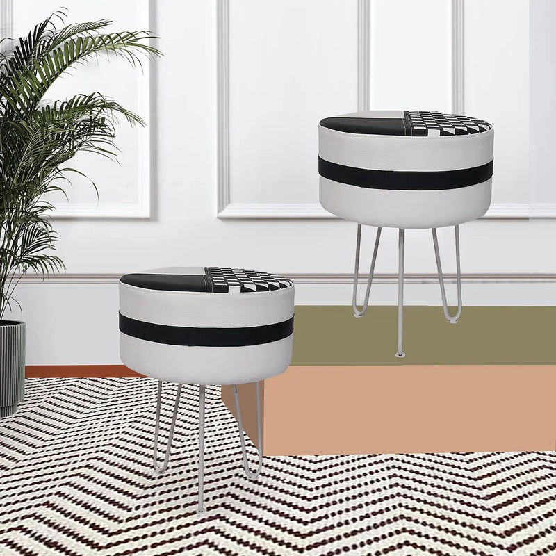 Upholstered and Steel Frame Puffy Stool Grass Green Fabric + Black Powdercoated - Set of 2 