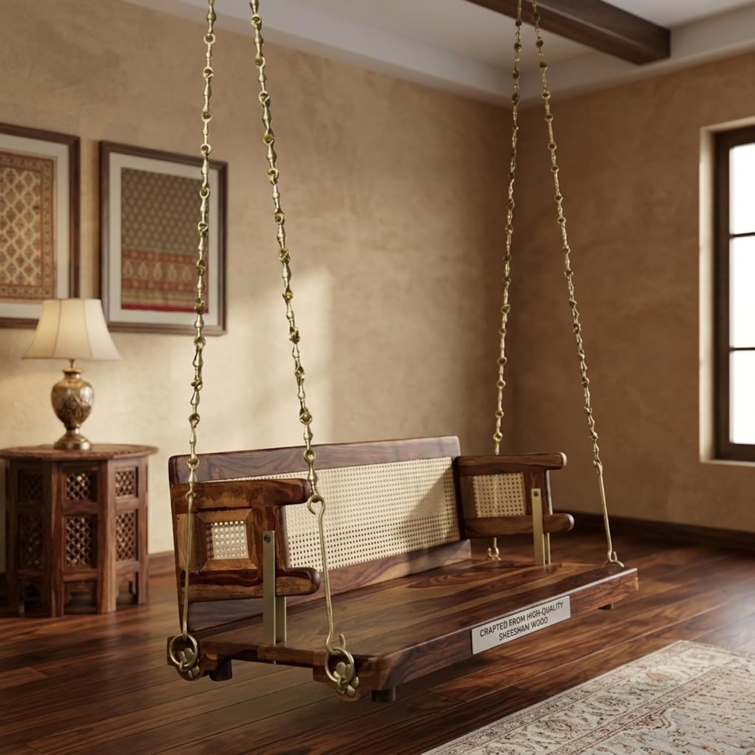 Jhula for Adults for Home Reversible Wooden Swing Jhula with Brass Chain for Indoor Outdoor Balcony Traditional Hammock House Backyard Swings for Adults (52 Inches, Honey Finish) 