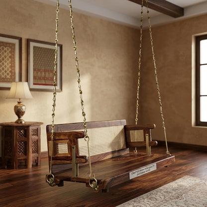 Jhula for Adults for Home Reversible Wooden Swing Jhula with Brass Chain for Indoor Outdoor Balcony Traditional Hammock House Backyard Swings for Adults (52 Inches, Honey Finish) 