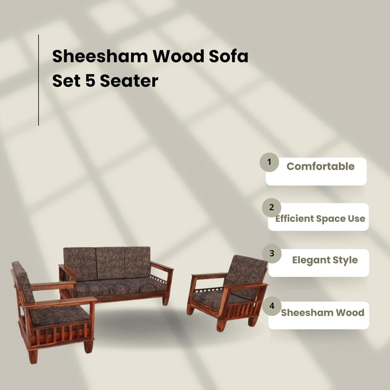 Kitarp Sheesham Wood Sofa Set 5 Seater Velvet Upholstered Sofa with Tufted Backrest Cushioned Seating Tipped Legs Couch for Living Room & Lounge (Suede) 