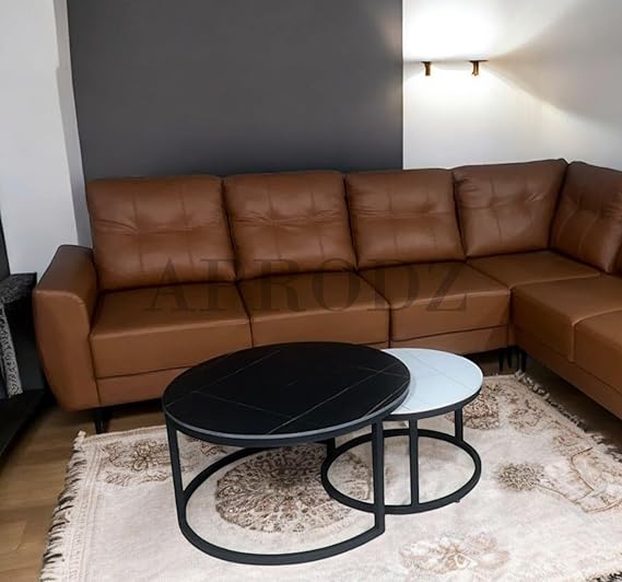 L-Shaped Sectional 6-Seater Sofa Padded Armrest Faux Leather Perfect Fabric Corner Sofa for Guests Living Room, Drawing Room, Office & Lounge (Brown) 