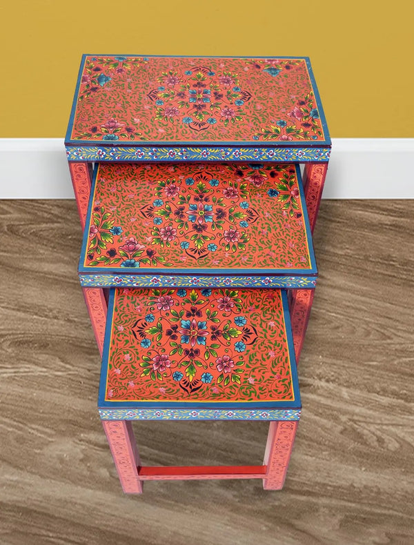 APRODZ Wooden Nesting Table Set of 3 Stools Portable Bedside End Table for Living Room Furniture (Multicolor)