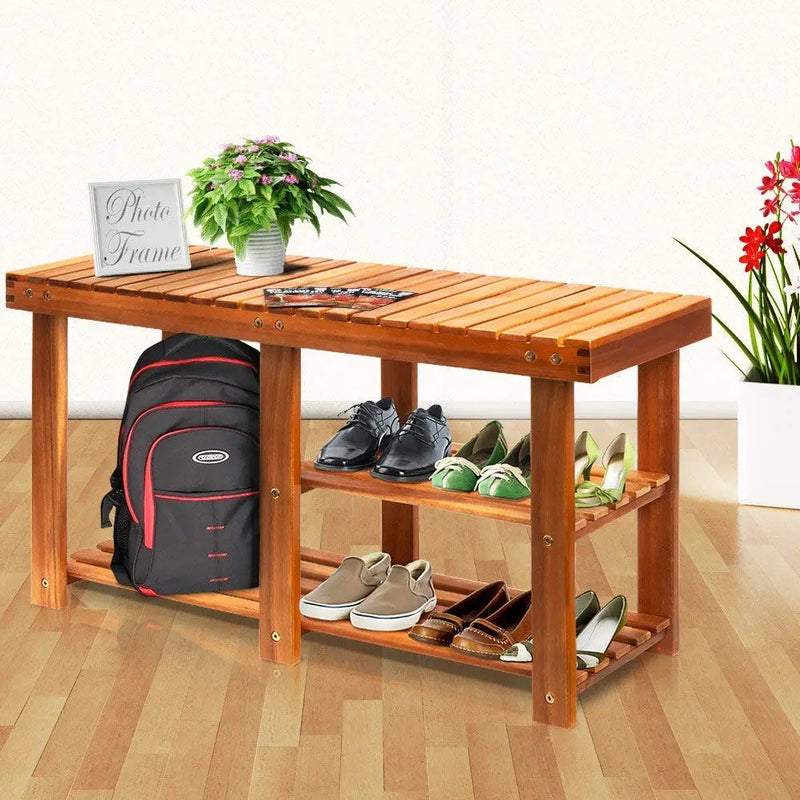 Wooden Shoe Rack Storage Bench 3 Tier for Hallway Organiser Cabinet Seat Natural Acacia Wood Small Narrow Shelf Load Capacity 87x28x45cm 