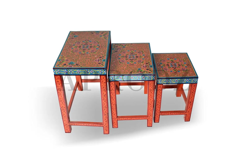 APRODZ Wooden Nesting Table Set of 3 Stools Portable Bedside End Table for Living Room Furniture (Multicolor)