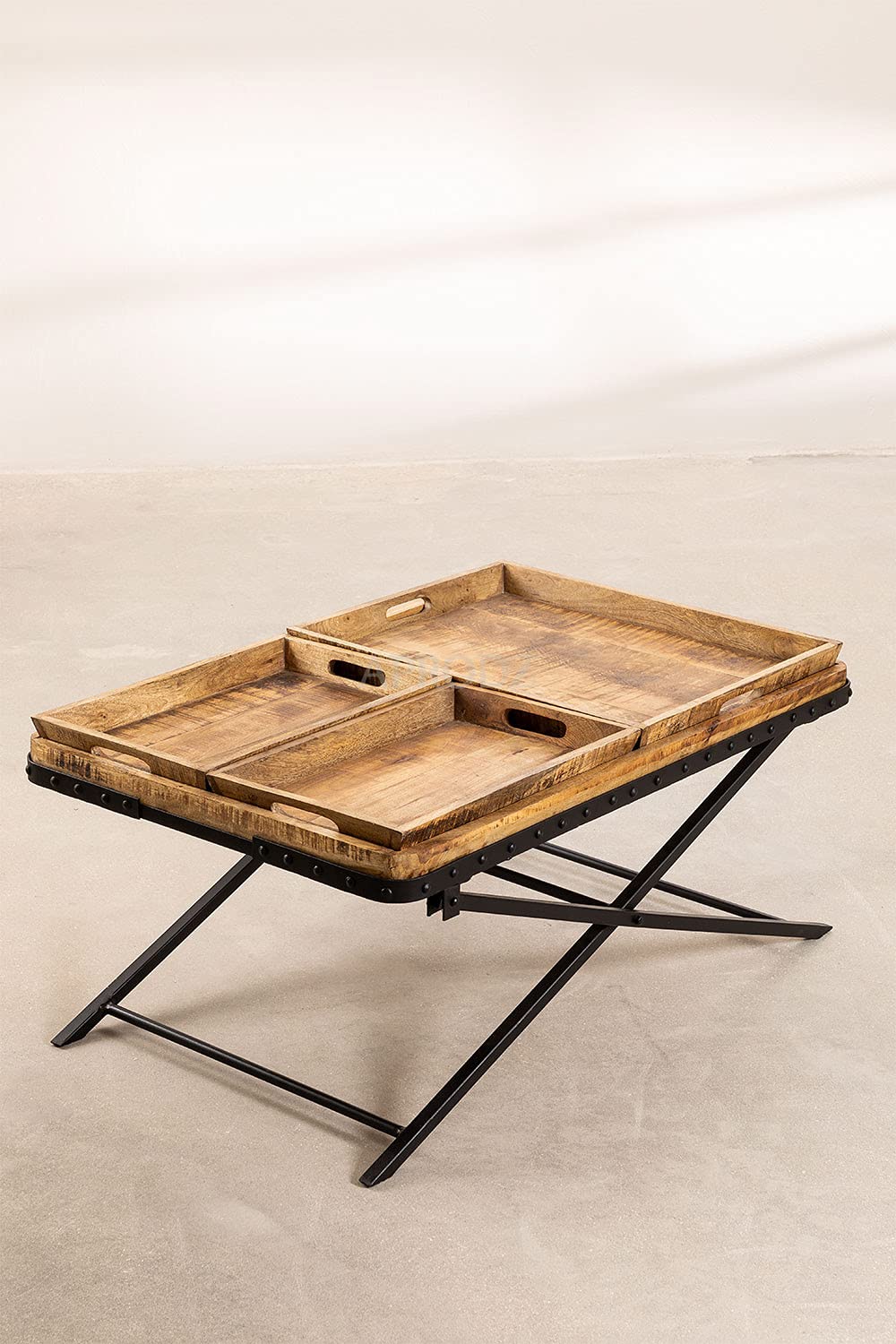 Lohmi Mango Wood and Metal Coffee Table (Solid Wood - Natural + Black Powder Coated)