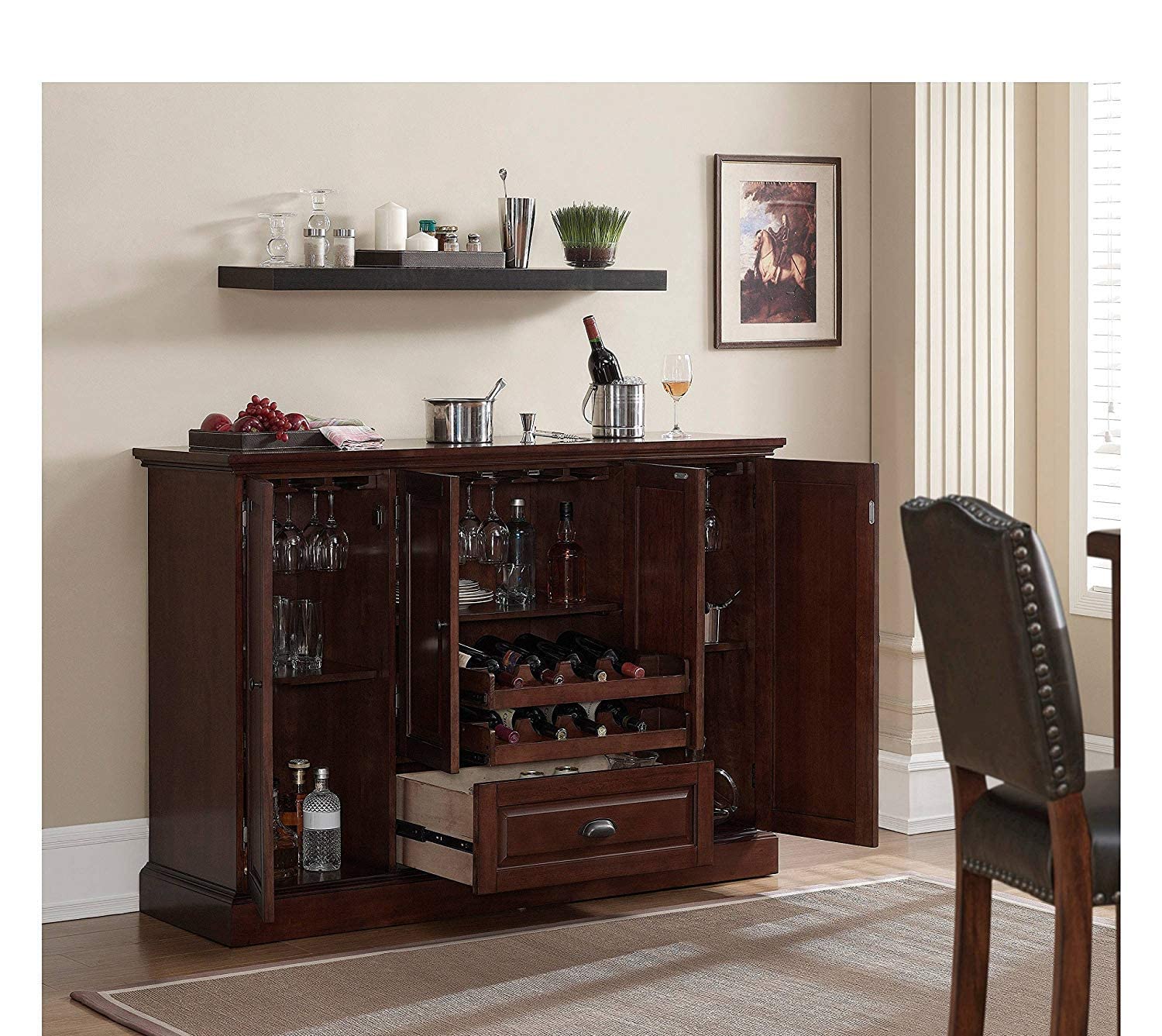 APRODZ Mango Wood Peetz Royal Stylish Bar Cabinet with Wine Glass Storage for Living Room | Chestnut Finish