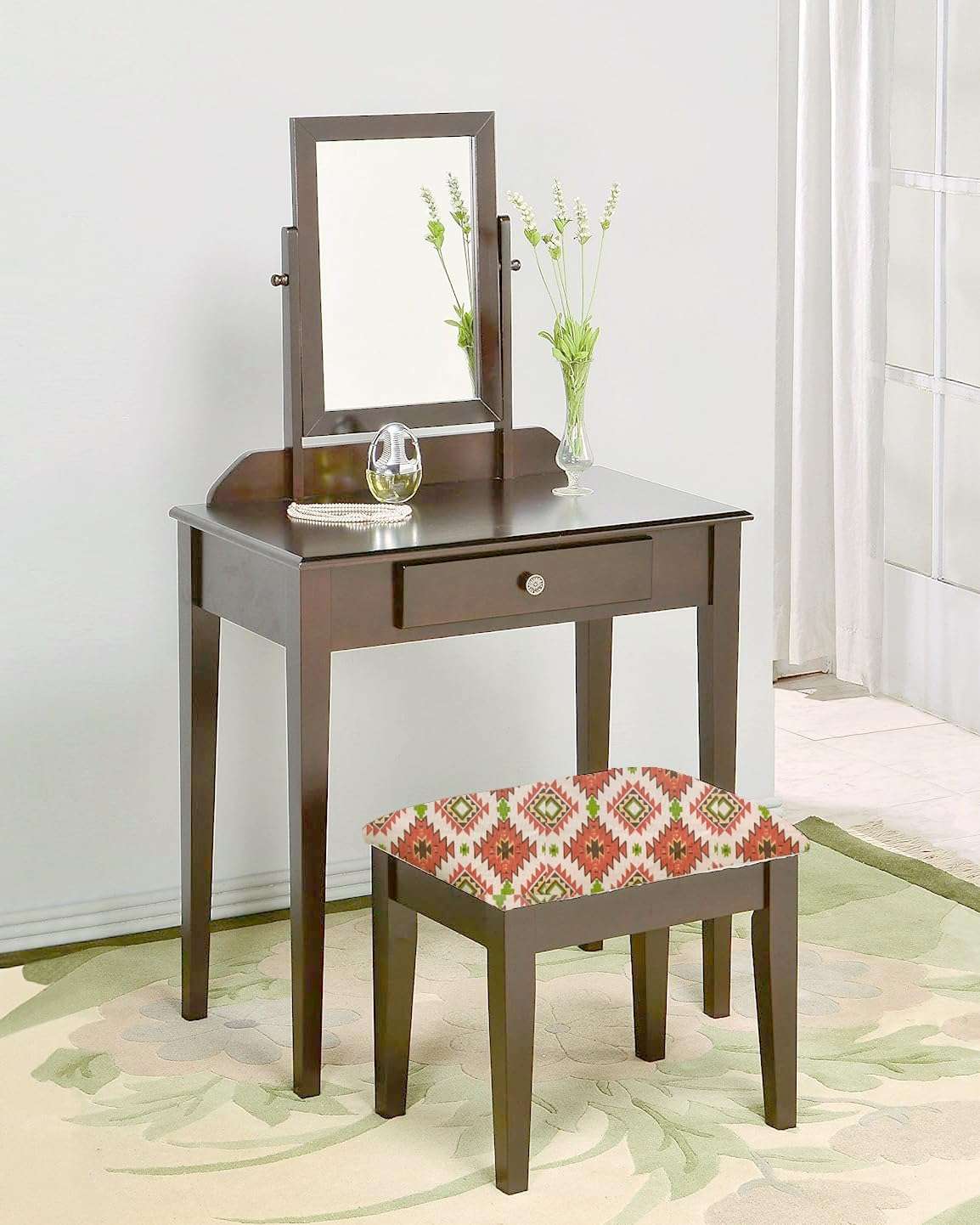 APRODZ Acacia Wood Dressing Table with Portable Stool for Living Room (Brown Finish)