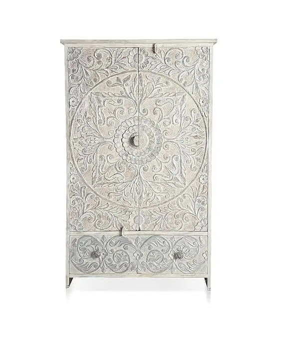 Mango Wood Wardrobe 2-Door 1-Drawer Wardrobe Almirah (Solid Wood - White + Silver) 