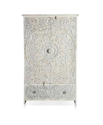 Mango Wood Wardrobe 2-Door 1-Drawer Wardrobe Almirah (Solid Wood - White + Silver) 