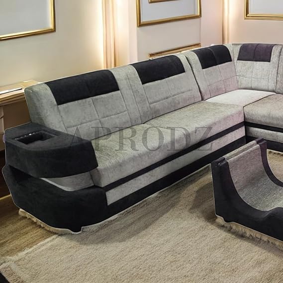 Modern L-Shaped Sectional 7-Seater Sofa with Coffee Table Padded Armrest Perfect Fabric Corner Sofa for Guests Living Room, Drawing Room, Office & Lounge Grey and Black 
