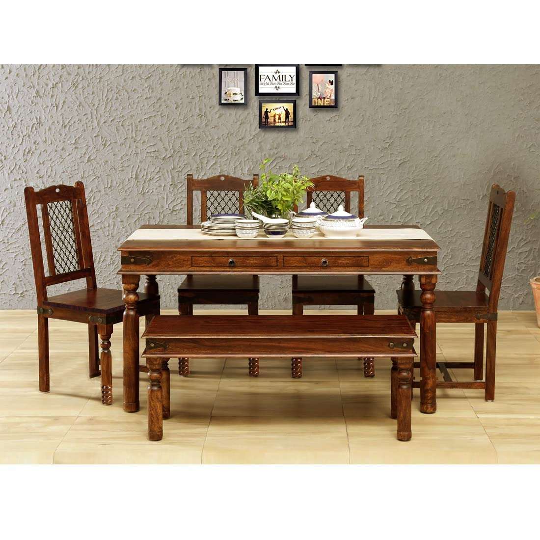 APRODZ Sheesham Wood Reyk 6 Seater Dining Table Set with 1 Bench & 4 Chairs for Home Dining Room Furniture (Brown Finish)