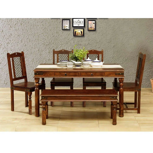 Translation missing: en.APRODZ Sheesham Wood Reyk 6 Seater Dining Table Set with 1 Bench &amp; 4 Chairs for Home Dining Room Furniture (Brown Finish)