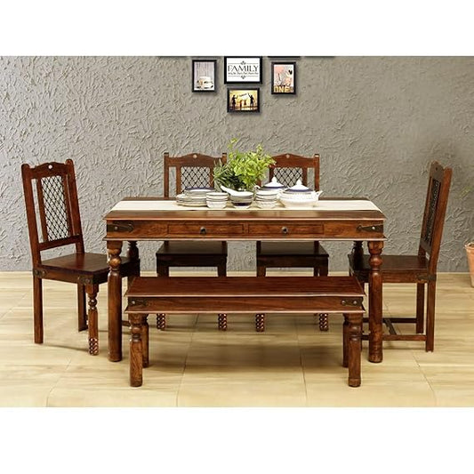 Sheesham Wood Reyk 6 Seater Dining Table Set with 1 Bench & 4 Chairs for Home Dining Room Furniture (Brown Finish) 