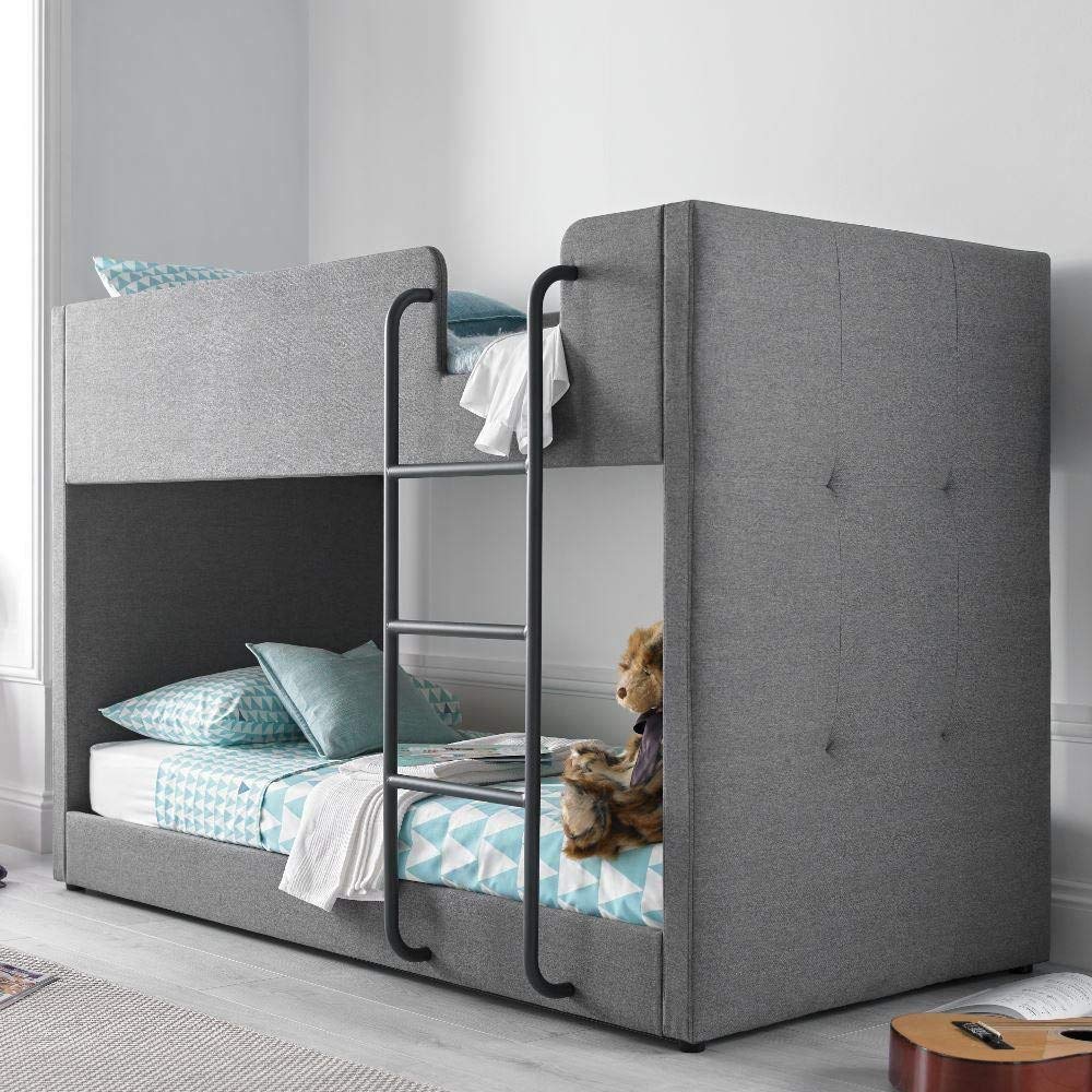 APRODZ Gwars Single Size Solid Wood Grey Fabric Bunk Bed for Bedroom (Fabric Upholstery - Grey)