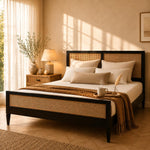 Mango Wood and Rattan Cane King Size & Queen Size Bed Frame, Black Finish 