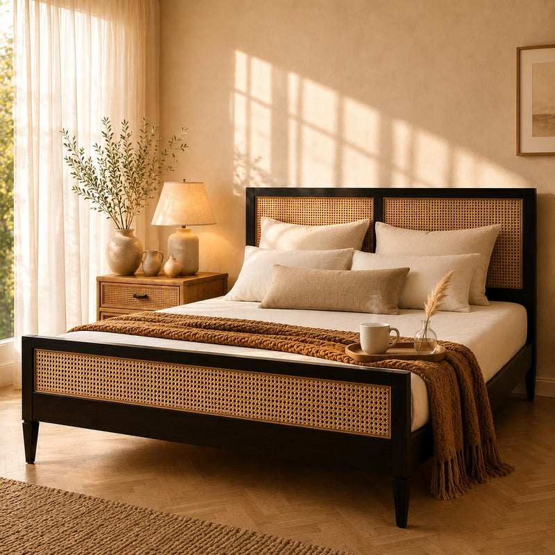 Mango Wood and Rattan Cane King Size & Queen Size Bed Frame, Black Finish 