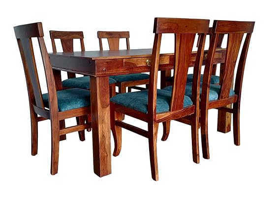 Noetic Solid Sheesham Wood 6 Seater Dining Table with Chairs (Rustic Teak Finish)