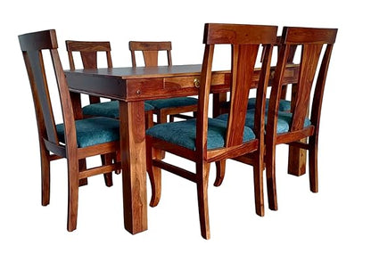 Noetic Solid Sheesham Wood 6 Seater Dining Table with Chairs (Rustic Teak Finish)