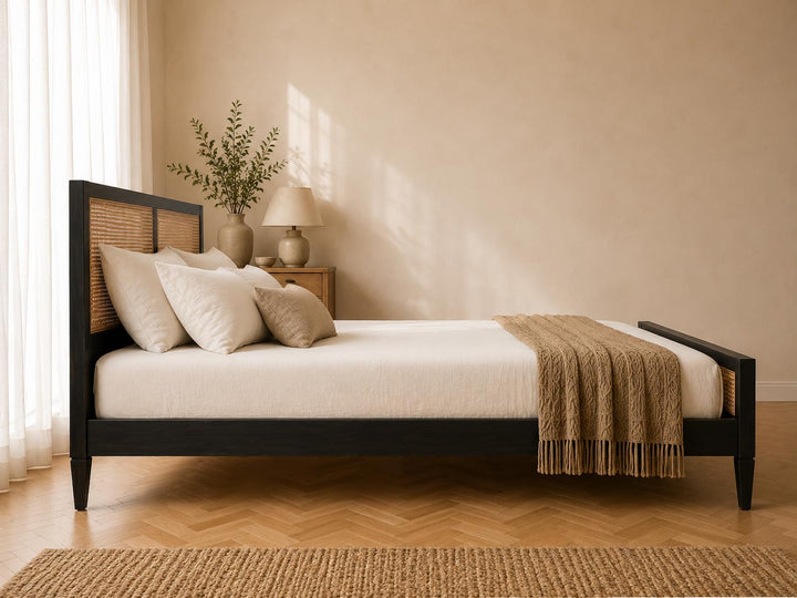 Translation missing: en.Mango Wood and Rattan Cane King Size &amp; Queen Size Bed Frame, Black Finish 