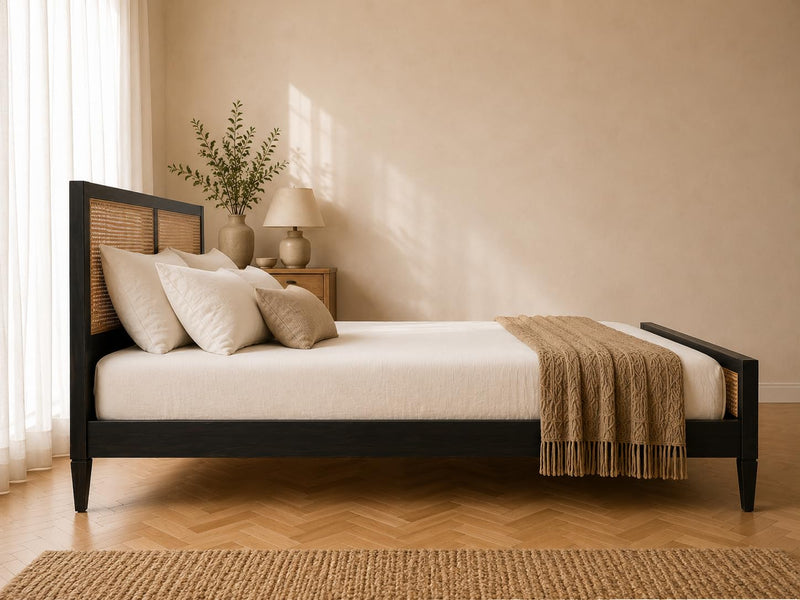 Mango Wood and Rattan Cane King Size & Queen Size Bed Frame, Black Finish 