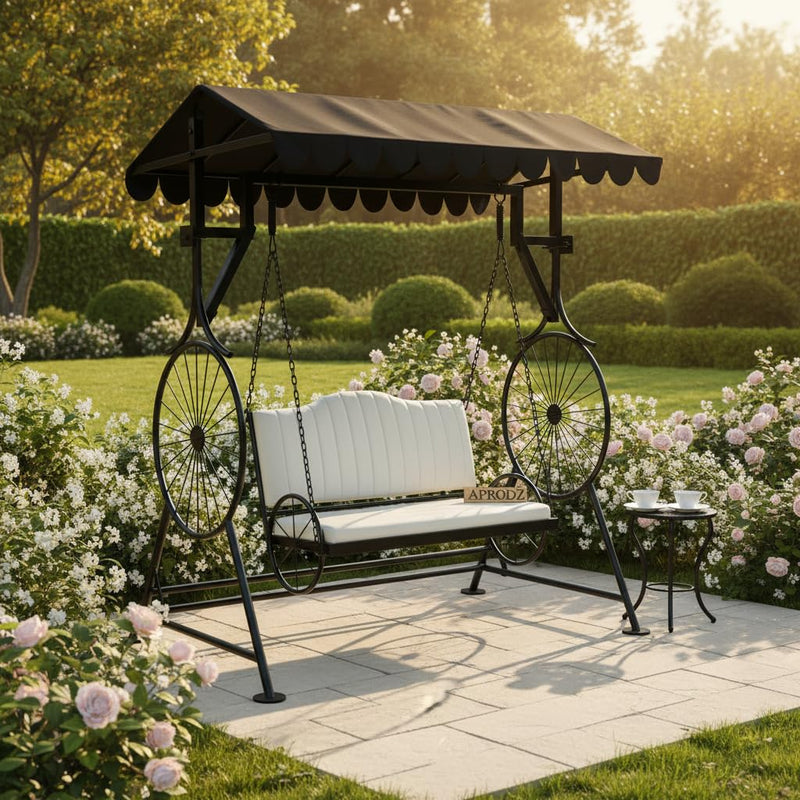 APRODZ Best Buy Steel Porch Jhula Swings Outdoor Iron Frame Deluxe Patio Garden Porch Canopy 3 Seats Swing with Bench 