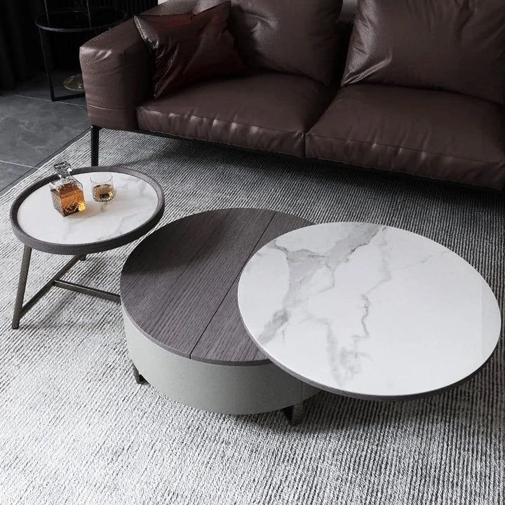 Translation missing: en.Modern 2-Piece Nesting 2 Drawer Coffee Table Set with Rotating Faux Marble Top, Flip-Top Storage, Grey and Gold Metal Legs  Coffee Table