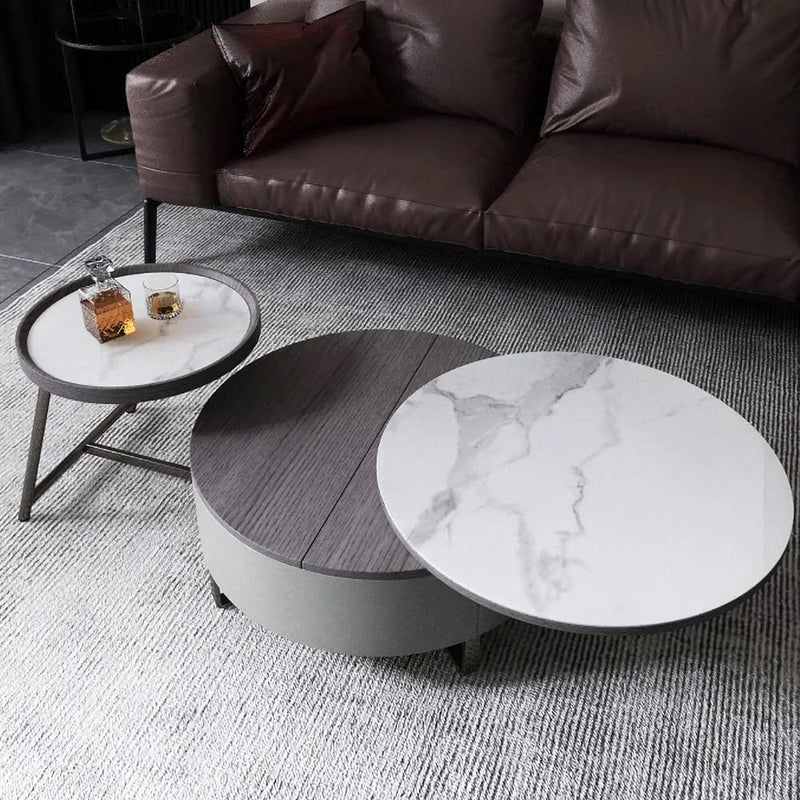 Modern 2-Piece Nesting 2 Drawer Coffee Table Set with Rotating Faux Marble Top, Flip-Top Storage, Grey and Gold Metal Legs  Coffee Table