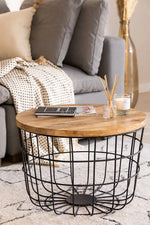 Round Solid Wood Top with Metal Base Coffee Table (Mango Wood - Natural + Black Powder Coated) 