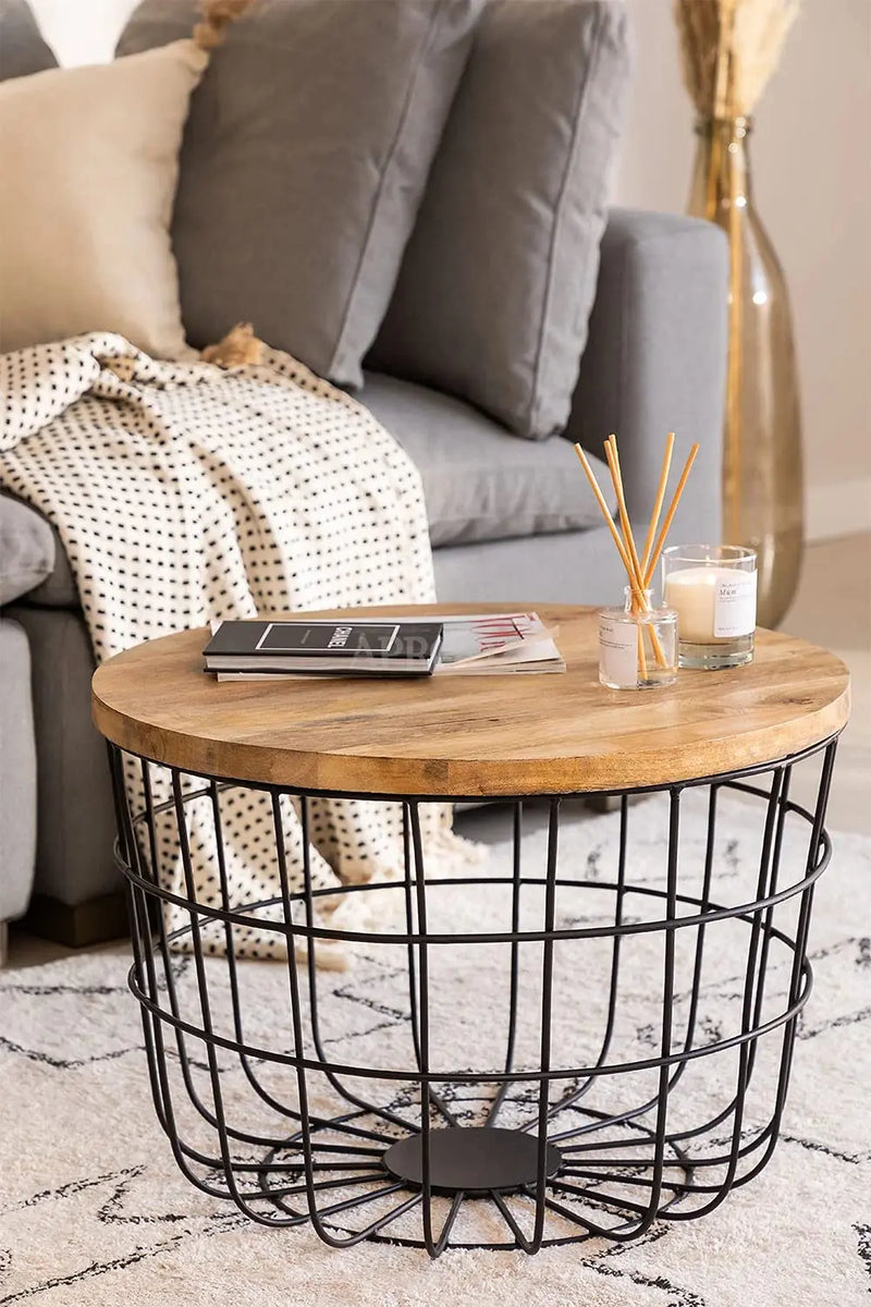 Round Solid Wood Top with Metal Base Coffee Table (Mango Wood - Natural + Black Powder Coated) 