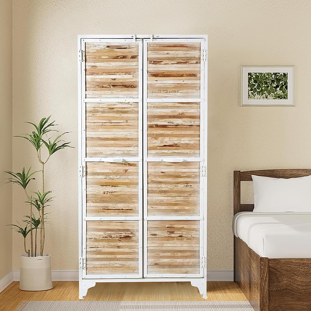 APRODZ Regenerada Metal and Recycled Wood 2-Door Wardrobe Storage Almirah (Recycled Wood - Natural + White Powderocated)