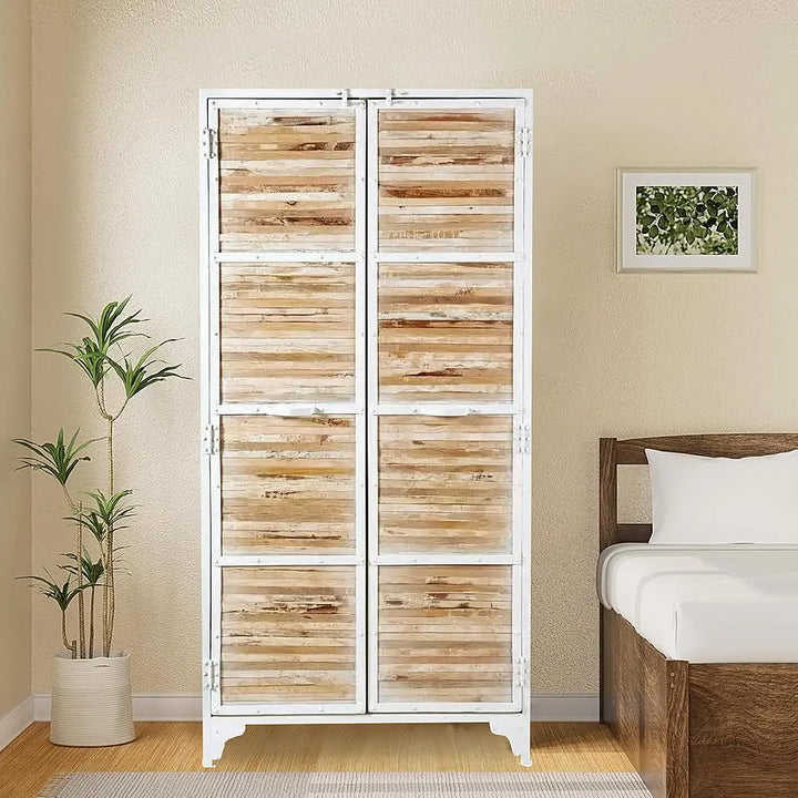 Translation missing: en.APRODZ Regenerada Metal and Recycled Wood 2-Door Wardrobe Storage Almirah (Recycled Wood - Natural + White Powderocated)