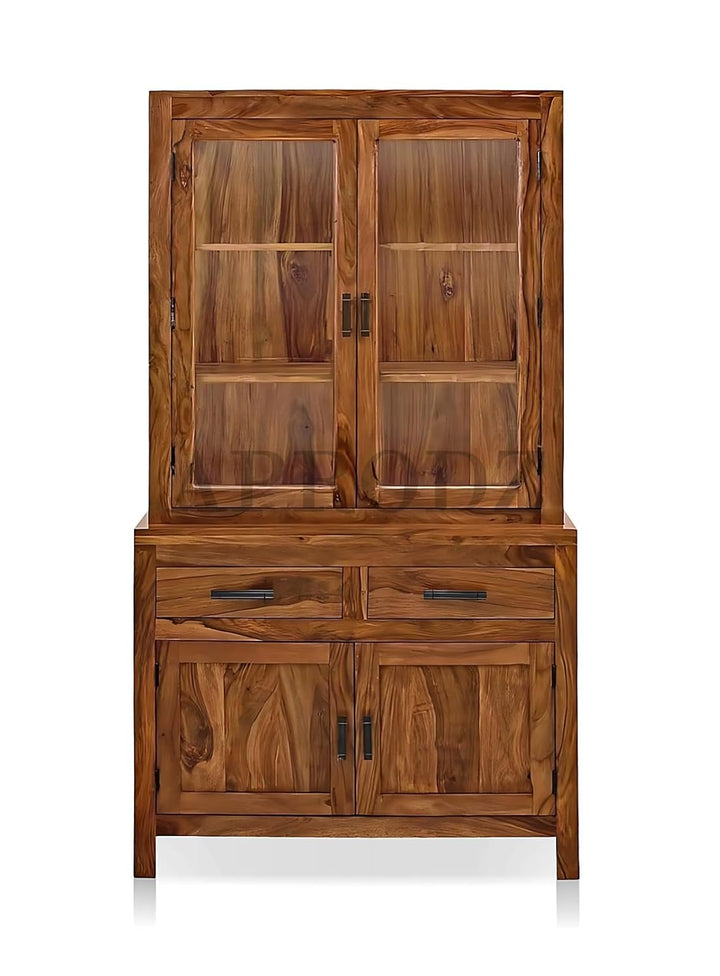 Translation missing: en.Glass Door Cabinet | 2 Drawers 3 Shelves Sheesham Wood Storage Organizer | Durable Stylish Wooden Furniture | Elegant Design Home Decor Compact Multifunctional | Compact multifunctional furniture 