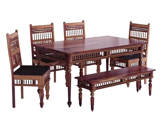 Sheesham Wood Norcross 6 Seater Dining Table Set with Bench for Home | Dining Furniture | Brown Finish