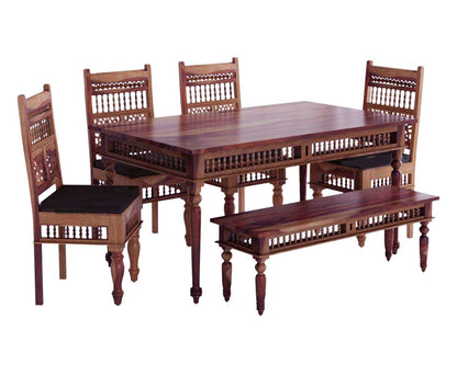 APRODZ Sheesham Wood Reyk 6 Seater Dining Table Set with 1 Bench & 4 Chairs for Home Dining Room Furniture (Brown Finish)