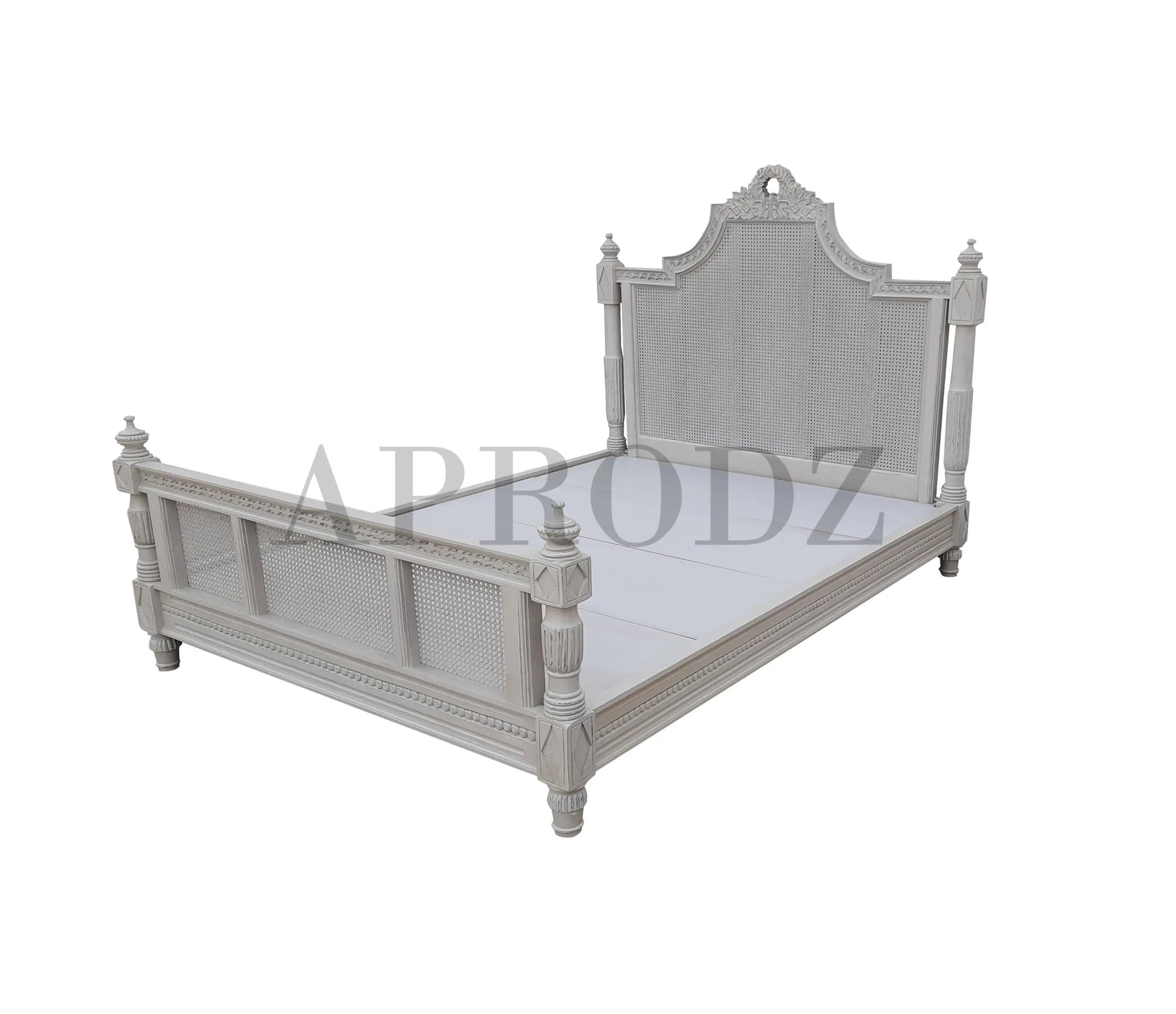 Hand-Carved French Cane Bed - Exquisite Artisan Design - Premium Queen Size Mango Wood in Light Grey 