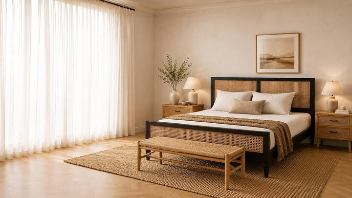 Translation missing: en.Mango Wood and Rattan Cane King Size &amp; Queen Size Bed Frame, Black Finish 