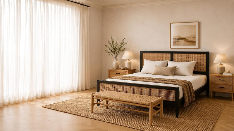 Mango Wood and Rattan Cane King Size & Queen Size Bed Frame, Black Finish 