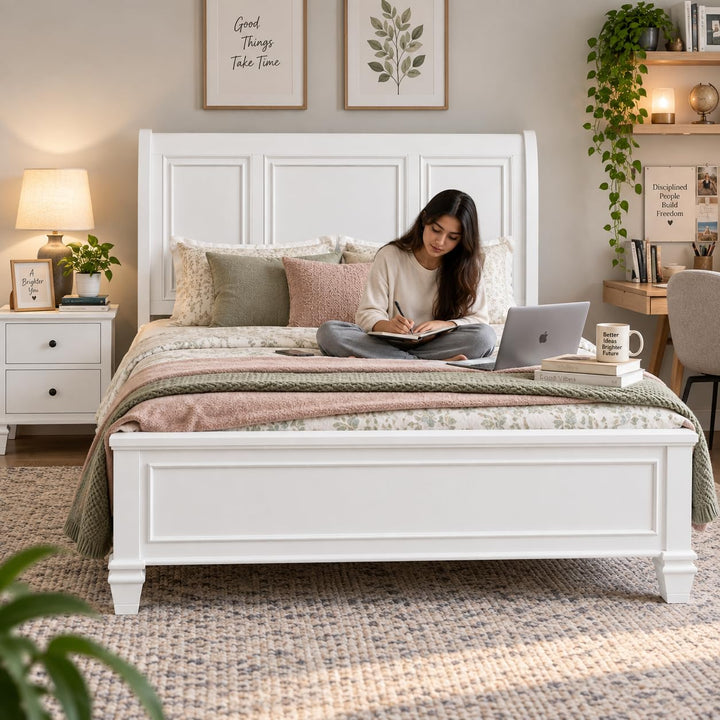 Translation missing: en.White Hydraulic Storage Bed with Panel Headboard &amp; Footboard – Elegant Lift-Up Storage Bed Frame 
