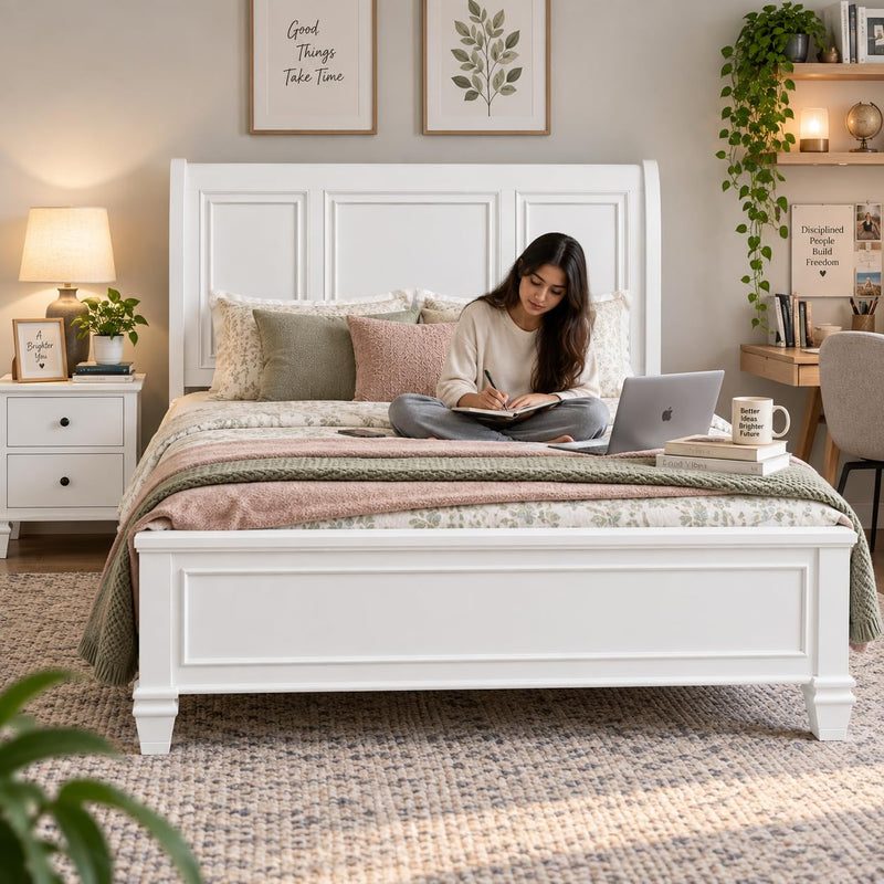 White Hydraulic Storage Bed with Panel Headboard & Footboard – Elegant Lift-Up Storage Bed Frame 