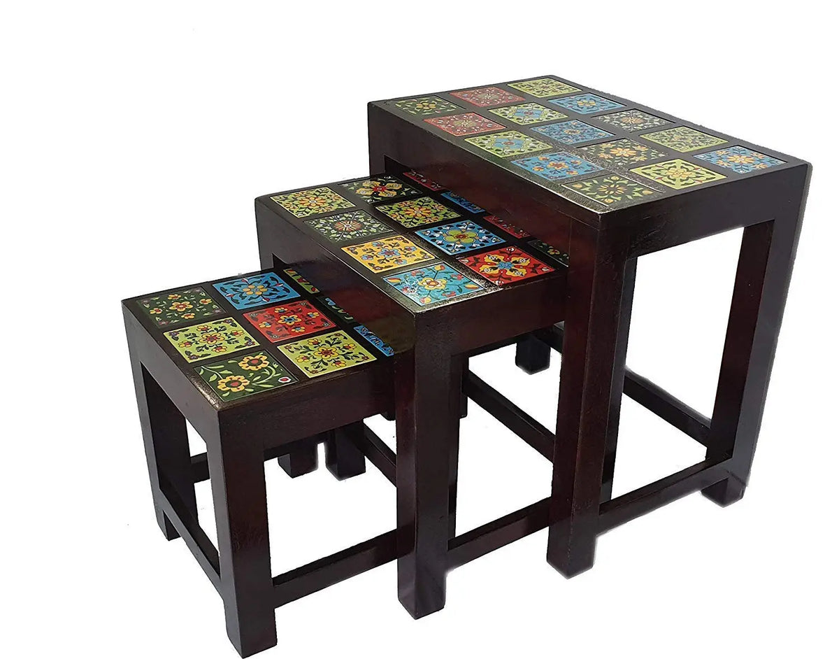 Handicraft Tiles Wooden Ethnic Stool Cum Nesting End Table Pack of 3 Portable Bedside
