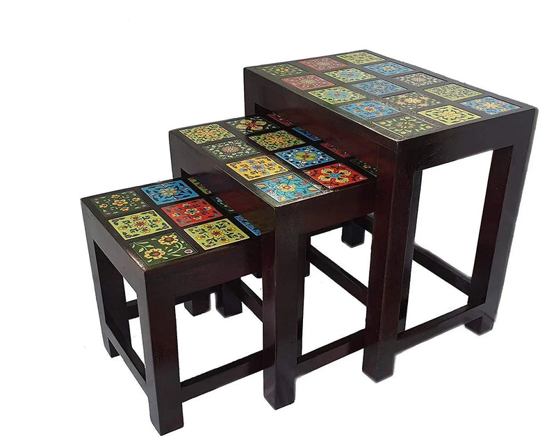 APRODZ Handicraft Tiles Wooden Ethnic Stool Cum Nesting End Table Pack of 3 Portable Bedside Tables for Living Room (Multicolor)