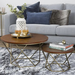 Stylish Round Coffee Table Set | 2-Piece Nesting Tables with Sturdy Geometric Design & Gold Metal Frame for Home & Living Room (Gold & Antique Brown) 
