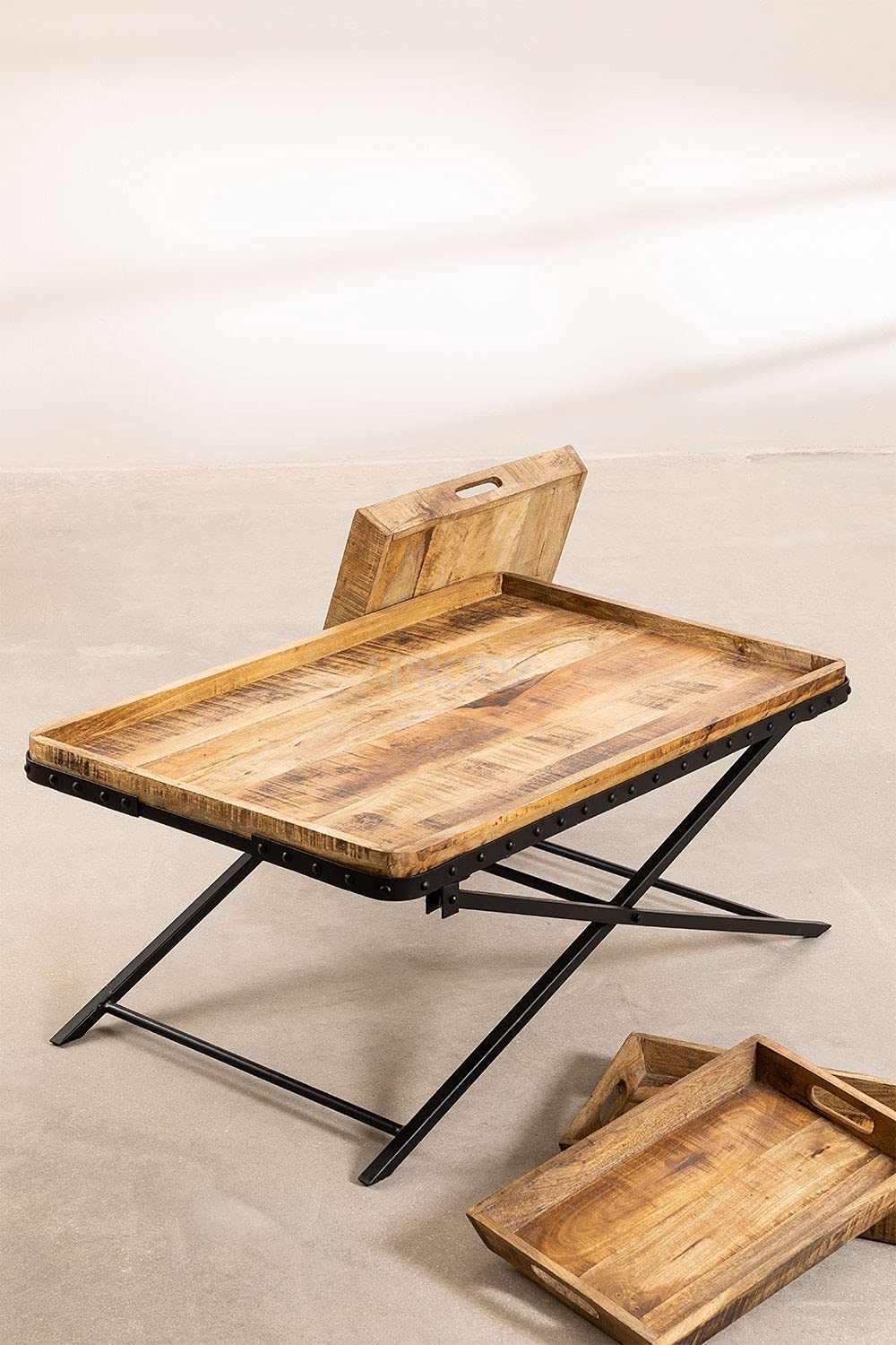 Lohmi Mango Wood and Metal Coffee Table (Solid Wood - Natural + Black Powder Coated)