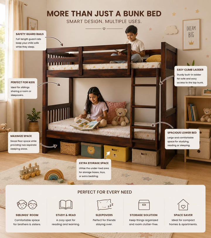 Translation missing: en.Sheesham Wood Moyer Bunk Bed for Bedroom | Brown Finish 