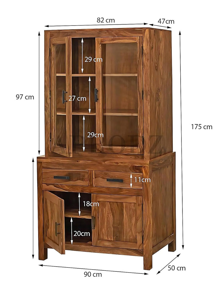 Translation missing: en.Glass Door Cabinet | 2 Drawers 3 Shelves Sheesham Wood Storage Organizer | Durable Stylish Wooden Furniture | Elegant Design Home Decor Compact Multifunctional | Compact multifunctional furniture 